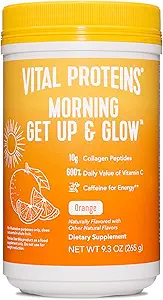Vital Proteins Morning Get Up and Glow Collagen Peptides Powder Supplement, 90mg of Caffeine for Energy Plus Vitamin C, Biotin and Hyaluronic Acid - 9.3oz, Peach Mango