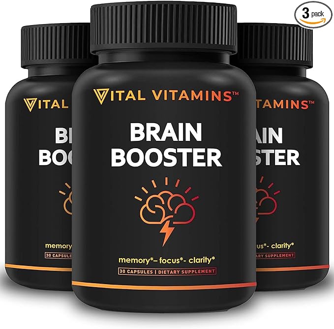 Vital Vitamins Brain Supplements for Memory and Focus (3 Pack) - Nootropic Brain Support - Memory, Clarity, Focus, Energy - B12, Gingko Biloba, DMAE