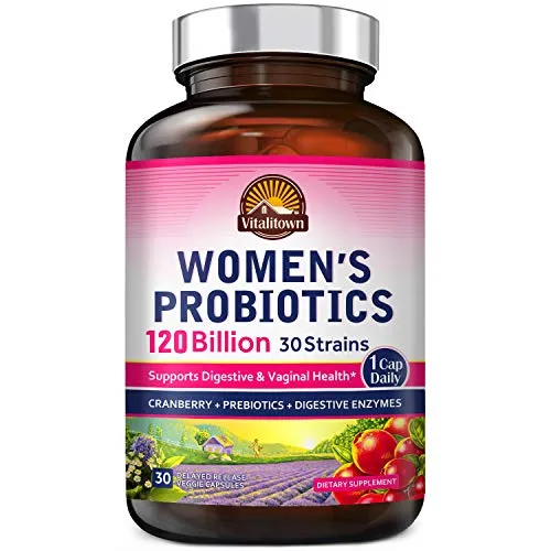 Vitalitown 120 Billion CFUs Womenï¿½s Probiotics 1 Cap Daily | 30 Strains + Prebiotics + Digestive Enzymes + Cranberry | Shelf Stable | Gut & Vaginal Health | Vegan Non-GMO | 30 Delayed Release Veg Caps