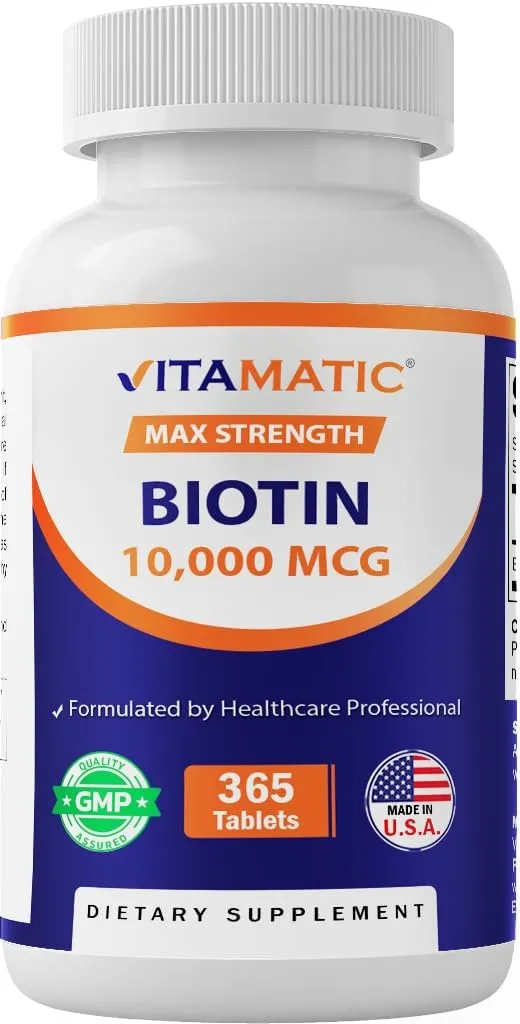 Vitamatic Biotin 10,000 mcg (10 mg) for Stronger Hair, Skin & Nails - 365 Vegan Tablets- Also Called Vitamin B7