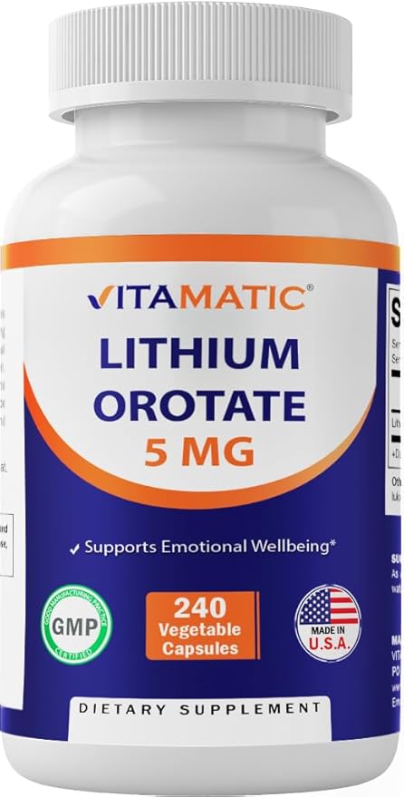Vitamatic Lithium Orotate 5mg, 240 Veggie Capsules, Non-GMO, Gluten Free.