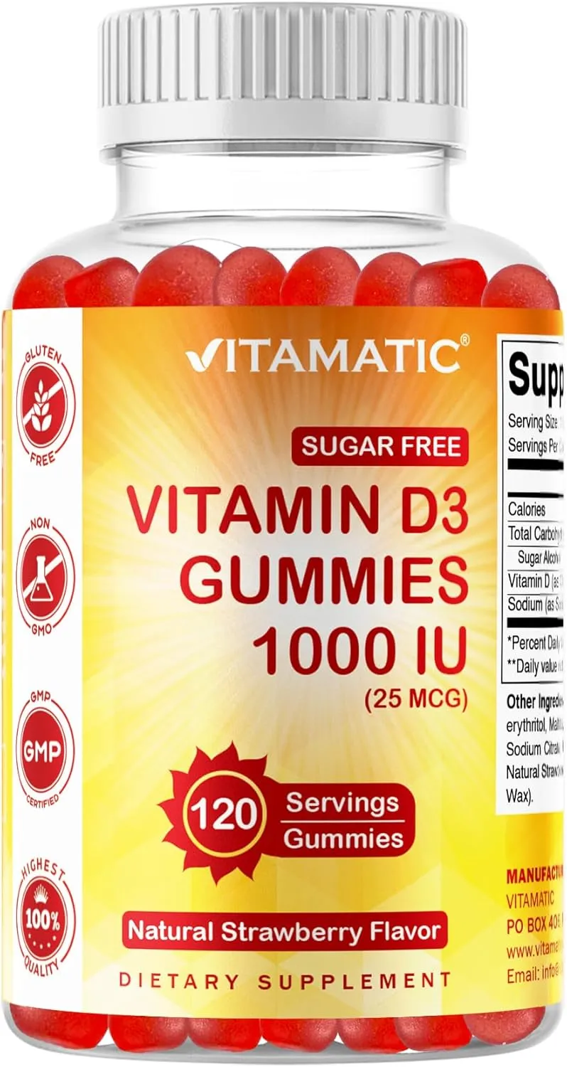 Vitamatic Sugar Free Vitamin D3-120 Pectin Based Gummies - Great Taste - Healthy Bones, Mood & Immune System Function - Non-GMO - 120 Servings (1000 IU)
