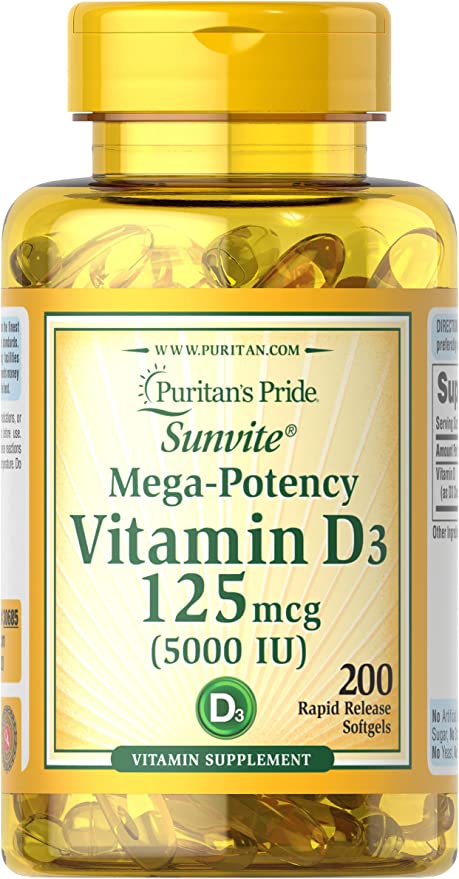 Vitamin D3 5,000 IU Bolsters Immunity by Puritan's Pride for Immune System Support and Healthy Bones and Teeth 200 Softgels, packaging may vary