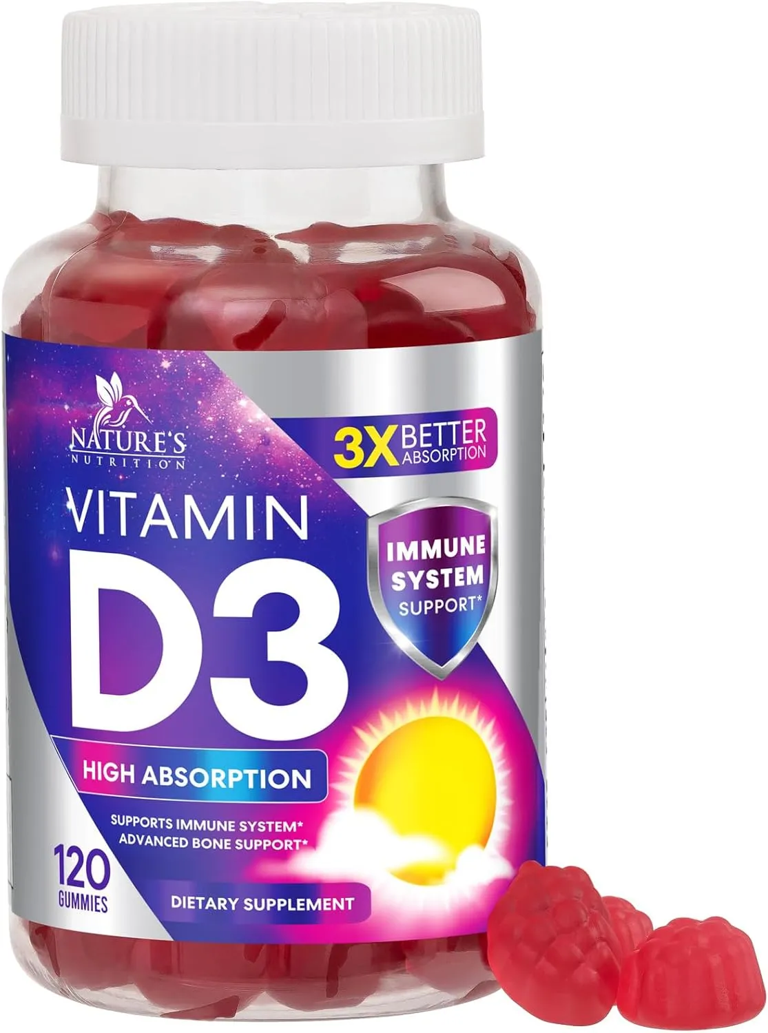 Vitamin D3 Gummy 5000 IU (125 mcg) - Dietary Vitamins D Supplement for Women & Men - Bone, Teeth, Muscle & Immune Health Support, High Potency VIT D3 Nature's Non-GMO & Gluten Free - 120 Gummies