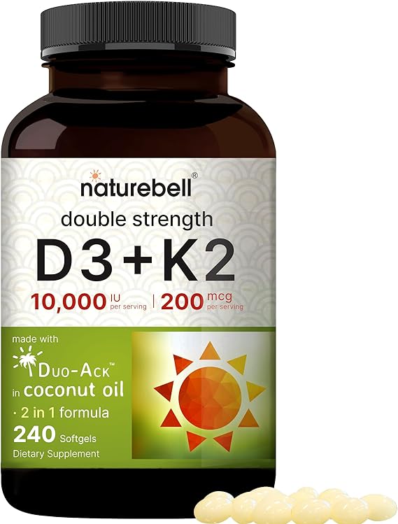 Vitamin D3 K2 (10,000 IU Vitamin D + 200mcg Vitamin K MK-7) 240 Softgels with Coconut Oil for Complete Absorption | Bone, Heart, Immune, & Calcium Support | One a Day, Non-GMO