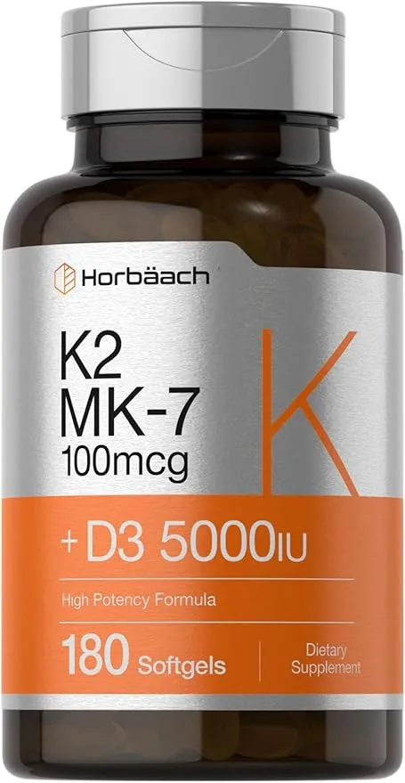 Vitamin D3 K2 | 5000iu of Vitamin D & 800mcg MK-7 Complex | 180 Capsules | Non-GMO & Gluten Free Supplement | by Horbaach