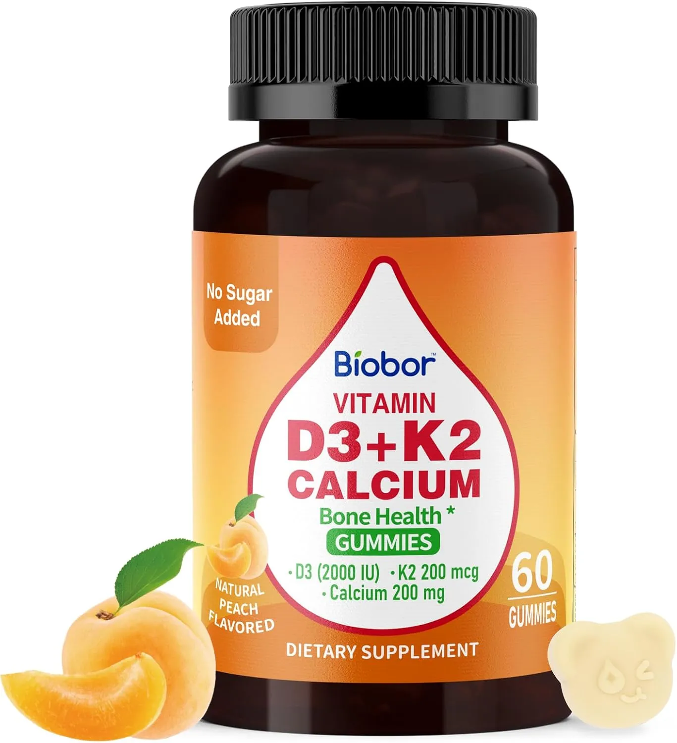 Vitamin D3 K2 Gummies with Calcium, Sugar Free Vitamins Gummies, 2000 IU D3 & 200 mcg K2 & 200 mg Calcium, Supports Healthy Bone, Immune Health Supplement, Gluten Free, GMO Free