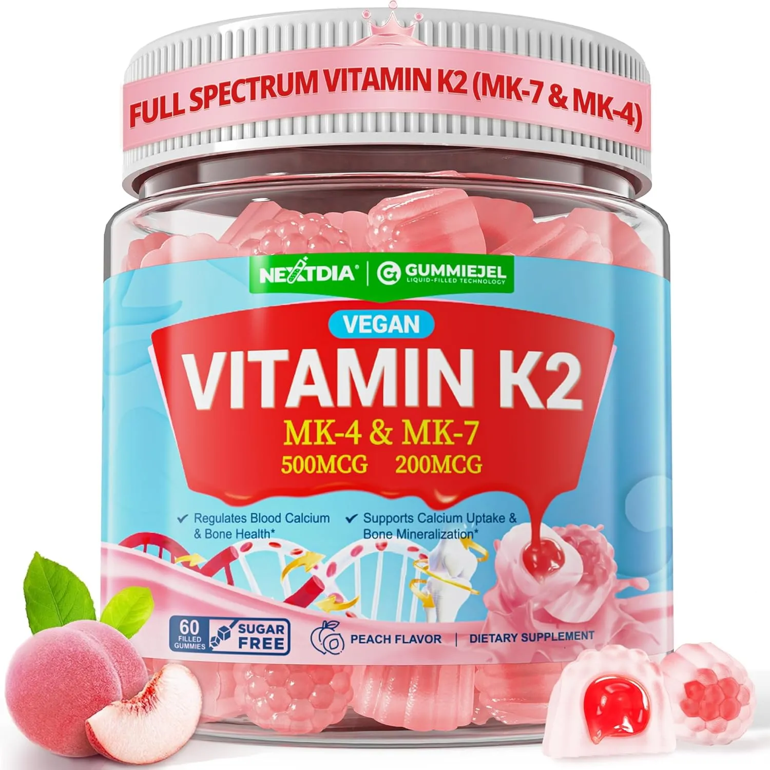 Vitamin K2 Gummies MK-7 200 mcg & MK-4 500 mcg for Women & Men Sugar Free, Perfect 2-IN-1 Full Spectrum Vitamin K2 Supplement for Bone, Heâ¤rt, Promotes Calcium Absorption, Brain, Teeth, Immune,1Pack