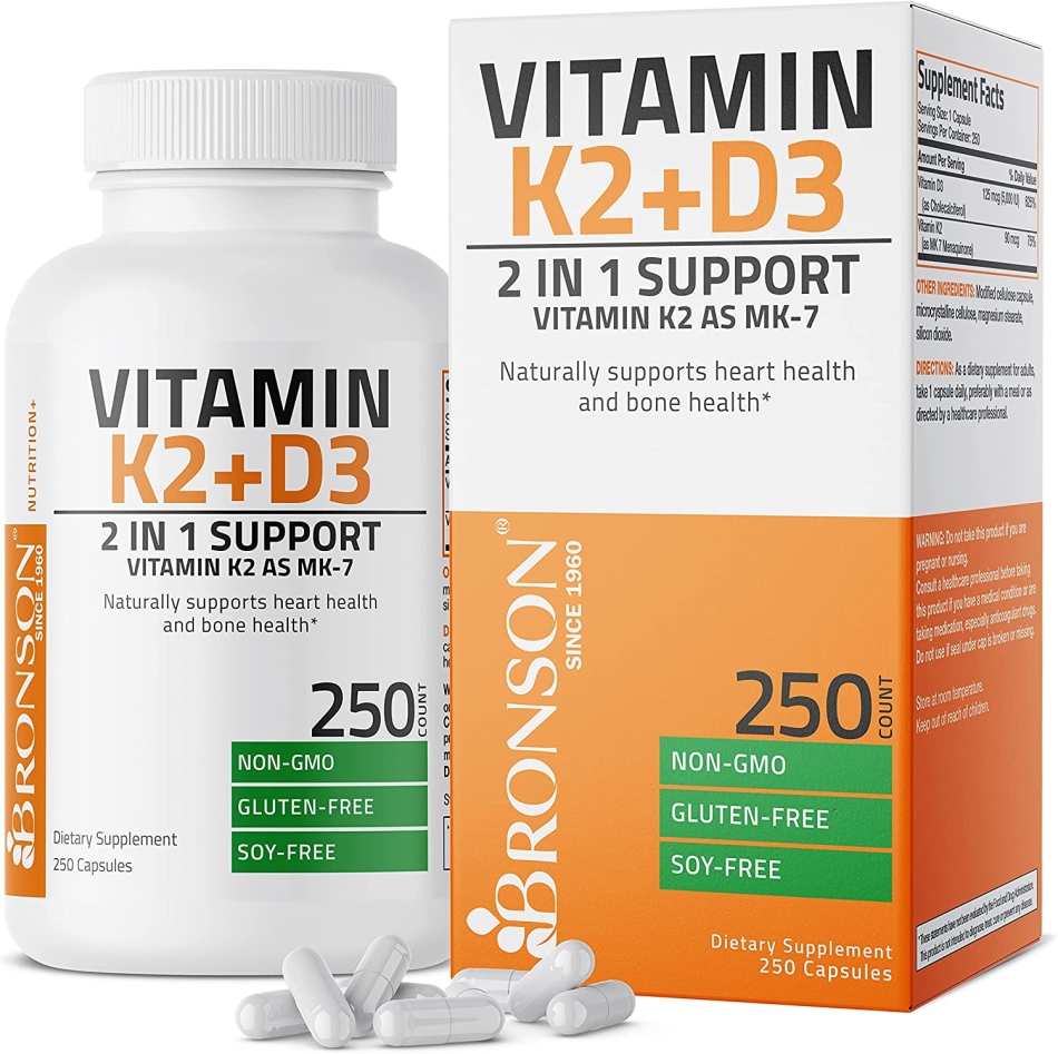 Vitamin K2 (MK7) with D3 Supplement Bone and Heart Health Non-GMO Formula 5000 IU Vitamin D3 & 90 mcg Vitamin K2 MK-7 Easy to Swallow Vitamin D & K Complex, 250 Capsules