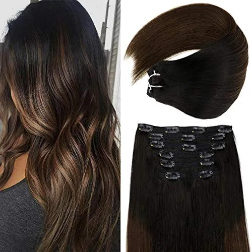Vivien Clip in Human Hair Extensions Double Weft Brazilian Remy Human Hair 12 inch 70g Ombre Natural Black to Dark Brown Silky Straight Clip in Hair Extensions