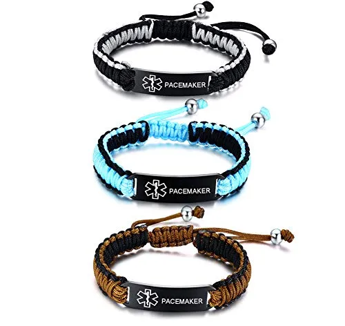 VNOX 3 Color/Set-PACEMAKER Medical Alert ID Bracelet Braided Brown Rope Paracord Adjustable Wristband
