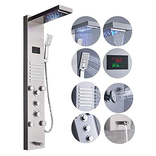 Votamuta Brushed Nickel LED Rainfall Waterfall Shower Head Shower Panel Tower System Wall Mounted Three Handles Shower Tower Panel System with Rain Massage Body Jets