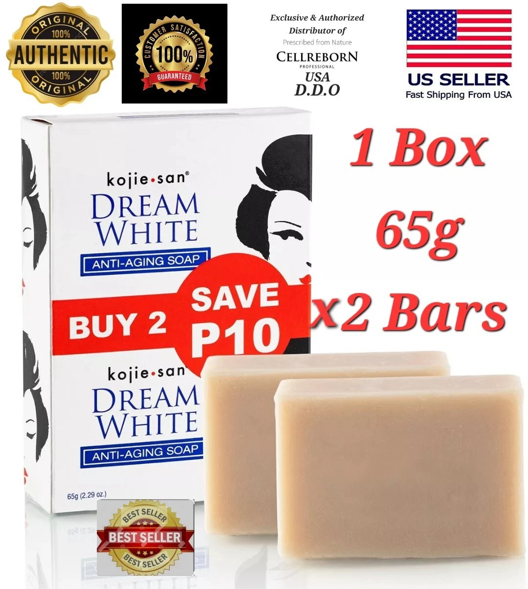 W1 Authentic Kojie San Anti Aging D/W Kojic Acid Soap 1 Box 65g X 2 Bars