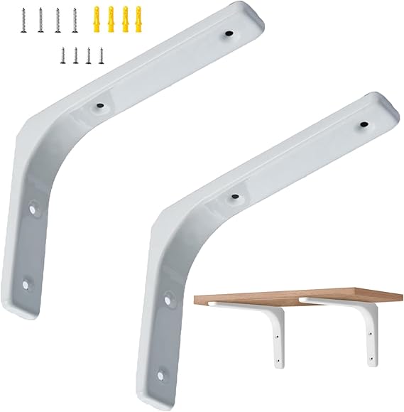 Wall Mounted Shelf Bracket, L-shaped Heavy Duty Shelf Supporter, Metal Angle Brackets, Brackets for Floating Shelves, Black/ White, 2 Shelving Brackets+ Screws, for Diy,White
