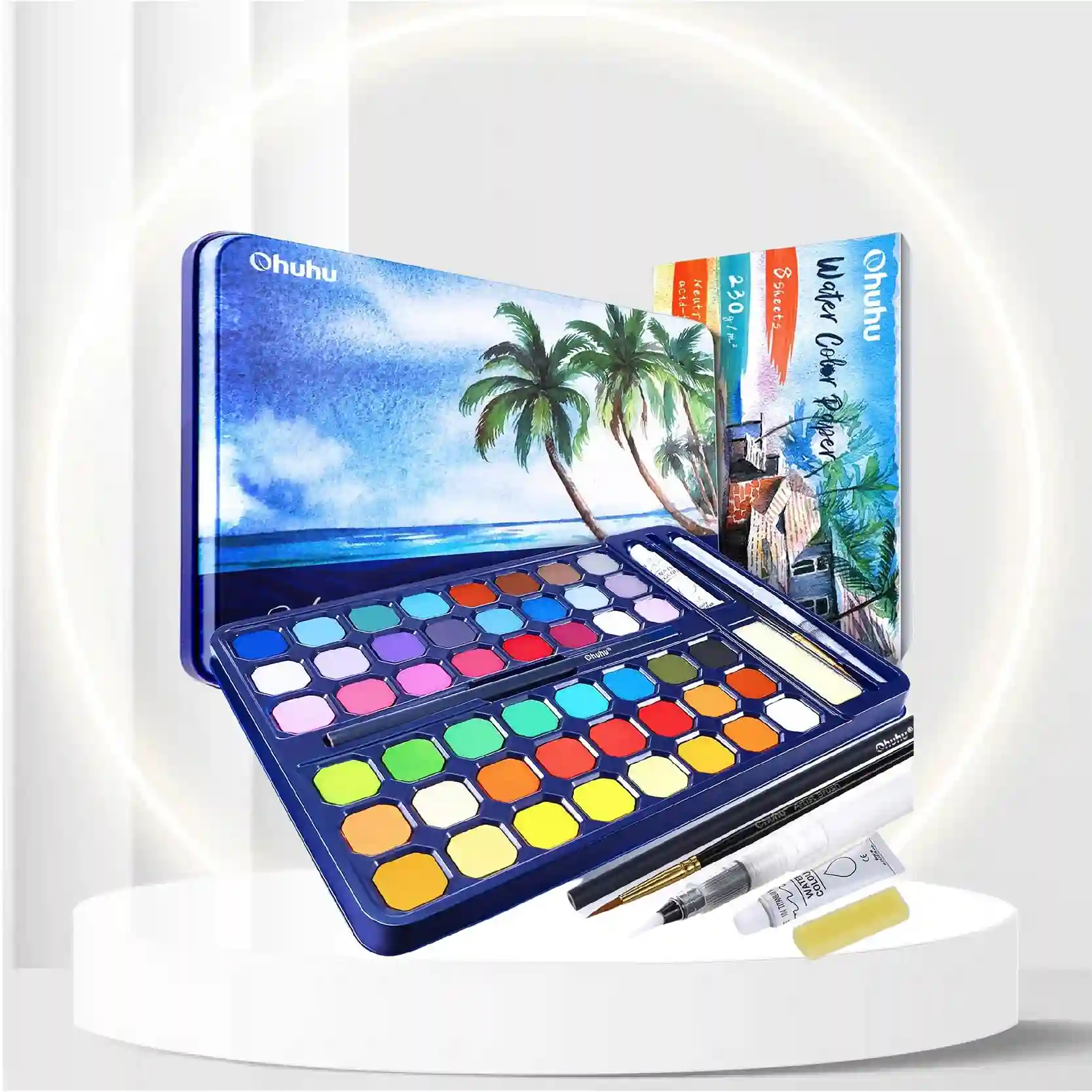 Watercolor Paint Set 48 Colors with Watercolor Paper, Ohuhu High Pigment Fundamental Watercolor Pan Watercolor Pallet with Water Brush Pen for Artists, Beginner, Student
