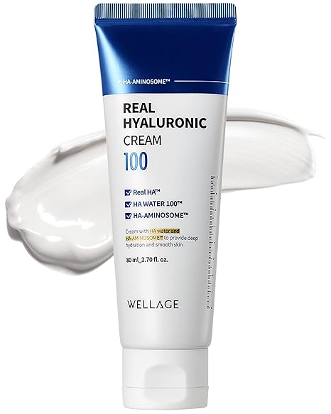 WELLAGE Real Hyaluronic Cream 100, Pure Hyaluronic Acid Korean Face Moisturizer with Ceramide Panthenol Squalane Vitamin B5 Niacinamide - Hydrating face moisturizer, Hypoallergenic, 2.7oz.
