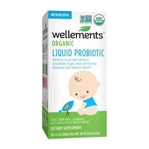 Wellements Organic Liquid Probiotic, 4 Fl Oz, Eases Baby's Stomach Discomfort, Digestive and Immune Support, Free from Dyes, Parabens, Preservatives