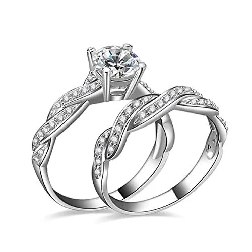 Wenbin 925 Sterling Silver Ring 1.5Ct X Infinity Round White Cubic Zirconia CZ Ring Single Stone Ring Bride Wedding Ring Set Size 6-10 (US Code 6)