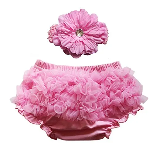 Wennikids Baby Girls Chiffon Bloomers Diaper Cover and Headband Set Large Pink