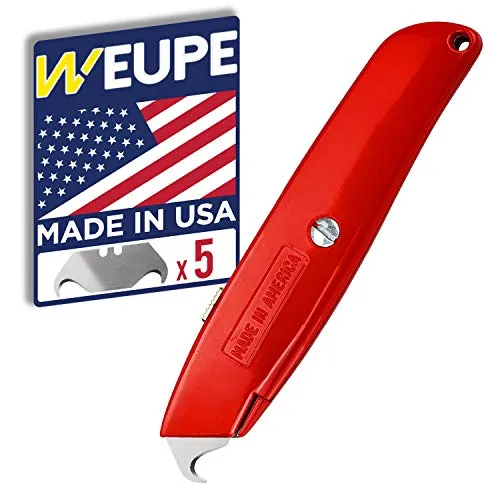 WEUPE Hook Blade Utility Knife with 5 Utility Hook Blades, Made in USA, Heavy-Duty Retractable Razor Knife Set with Comfort Grip, Shingle Cutter Roofing Knife, Quality Steel