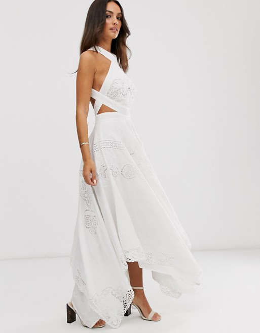 WHITE CUT OUT DETAIL SIDE SPLIT TAILORED MAXI DRESS