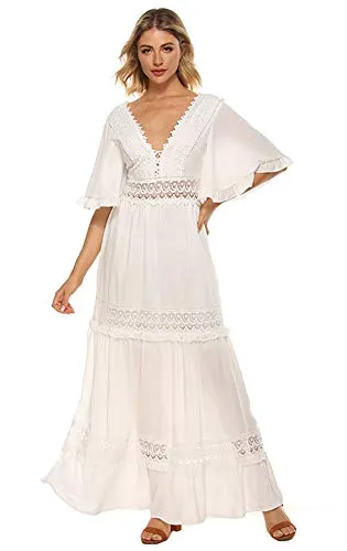 Wicky LS Women's Deep V Neck Short Sleeve Backless Chiffon Dress Boho Long Dressesï¼White mï¼