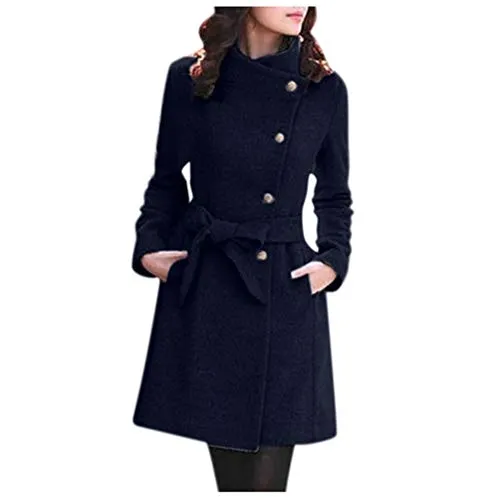 Winter Coats For Women,Womens Wool Fleece Pea Coat Notch Lapel Open Front Belted Mid Long Trench Winter Warm Wrap Coat Cardigan Outwear