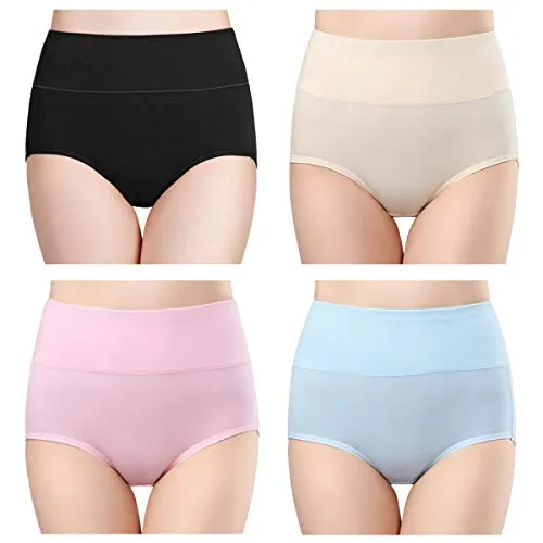 wirarpa Women's Cotton Underwear High Waisted Full Briefs Ladies Comfortable No Muffin Top Panties 4 Pack Size 6, Medium