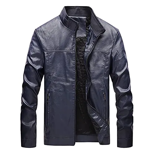 WKNBEU Mens Classic Stand Collar Leather Bomber Jacket Black Original Aviator Royal Air Force Museum Jacket for Men,Blue-S