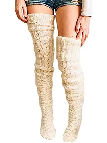 Women Cable Knit Extra Long Boot Socks Over Knee Thigh Stocking Leg Warmers (Beige, One Size)