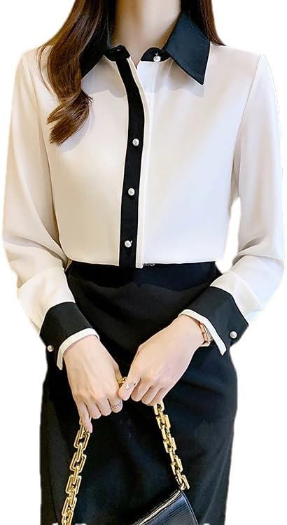 Women Contrast Color Single Row Pleats Buckle Shirt Classy Office Long Sleeve Casual Blouses