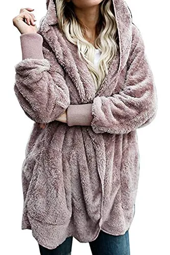 Women Hooded Cardigan Fuzzy Jacket Winter Open Front Fleece Coat Outwear with Pockets Purplish Brown M