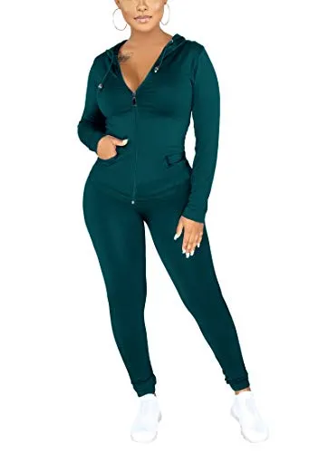 Women's 2 Piece Outfits - Solid Color Sweatsuits Long Sleeve Zip Up Hoodie Jackets Long Pants Tracksuit Jogger Sets (Dark Green, S)