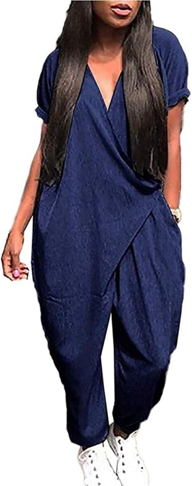Women's Casual V Neck Short Sleeve Harem Jumpsuit Romper Solid Color Baggy Loose Pants with Pockets