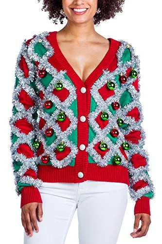 Women's Garland Christmas Sweater - Green and Red Tinsel Ornament Ugly Christmas Cardigan: Small