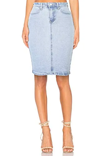 Women's Midi Casual Modest Knee Length Denim Jean Pencil Skirt, Light Blue