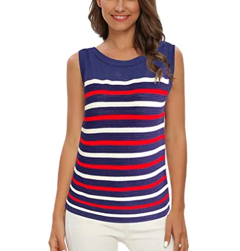 Women's Sleeveless High Neck Round Neck Pullover Jacquard Tops Tanks Sweater Soft Knit Sweater Vest (Navy+Milk+Red, S)