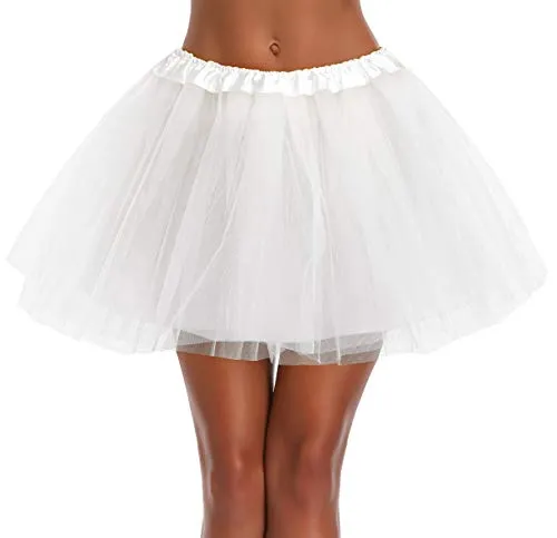 Women's, Teen, Adult Classic Elastic 3, 4, 5 Layered Tulle Tutu Skirt (One Size, 4Layer-White)
