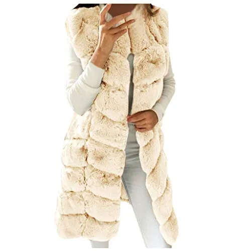Womens Faux Fur Long Vest Plus Size Sleeveless Plush Waistcoat Winter Warmer Jacket Coat Outwear Gilet(Beige,Medium)