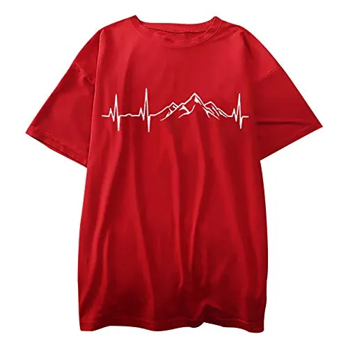 Womens Graphic Short Sleeve Hiking Tops - Mountain Heartbeat T Shirts Novelty Casual Camping Travel Tee Shirt Red