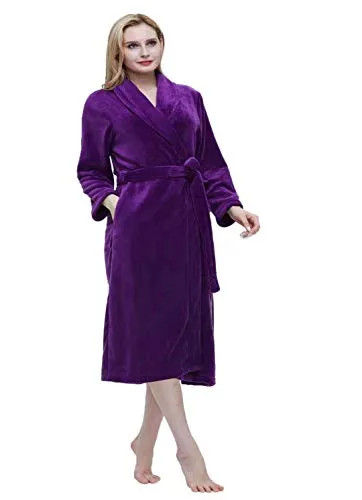 Womens Long Robe Soft Fleece Fluffy Plush Bathrobe Ladies Winter Warm Sleepwear Pajamas Top Housecoat Nightgown (Purple, Medium)