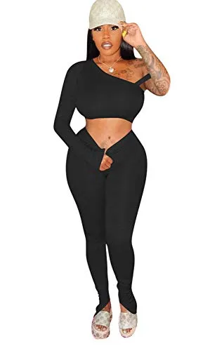 Womens Plus Size 2 Piece Pant Outfits - Sexy Long Sleeve One Shoulder Cutout Crop Tops Ruffle Bodycon Leggings Set