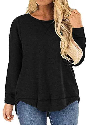 Womens Plus Size Tops Long Sleeve Casual Loose Crewneck Side Split Shirts Blouses Black 20W