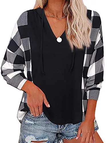 Womens V neck Sweatshirts Buffalo Plaid Hooded Shirts Long Sleeve Loose Fitted Pullover Christmas Black