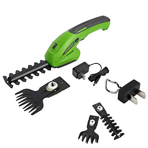 WORKPRO 7.2V 2-in-1 Cordless Grass Shear + Shrubbery Trimmer - Handheld Hedge Trimmer, Rechargeable Lithium-Ion Battery and Charger Included and Spare Security Key and Blades for Replacement