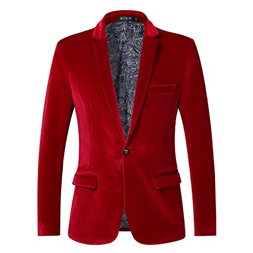 WZIKAI Mens Velvet Blazer One Button Slim Fit Solid Fashion Suit Jacket Sport Coat for Wedding Prom Dinner Party Burgundy M
