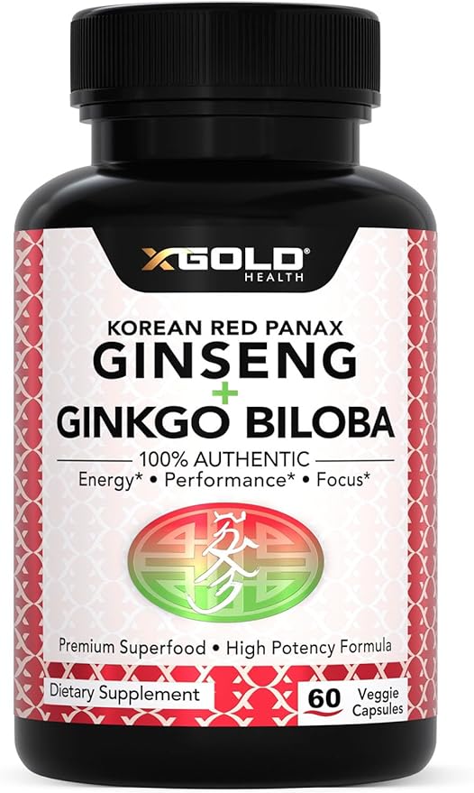 X Gold Health Extra Strength Korean Red Panax Ginseng (7% Ginsenosides) + Ginkgo Biloba â Energy, Focus & Vitality â Non-GMO 60 Capsules