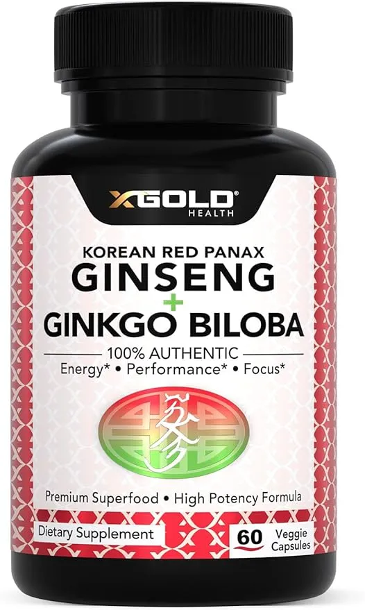 X Gold Health Extra Strength Korean Red Panax Ginseng (7% Ginsenosides) + Ginkgo Biloba â Energy, Focus & Vitality â Non-GMO 60 Capsules