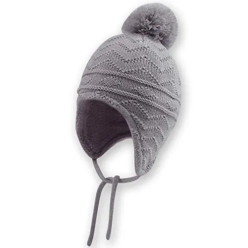 XIAOHAWANG Toddler Knit Hat Fleece Lining Baby Boys Winter Hats Warm Earflap Crochet Kids Beanie for Girls (Grey, M(19-36 Months))
