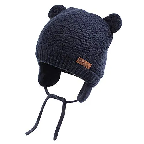 XIAOHAWANG Warm Baby Hat Cute Bear Toddler Earflap Beanie for Fall Winter (0-7Months, Navy)